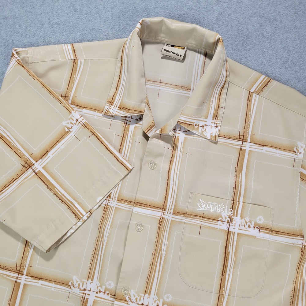 Southpole Mens M Camp Shirt Loop Collar Plaid Print Beige‎ Skater Y2K